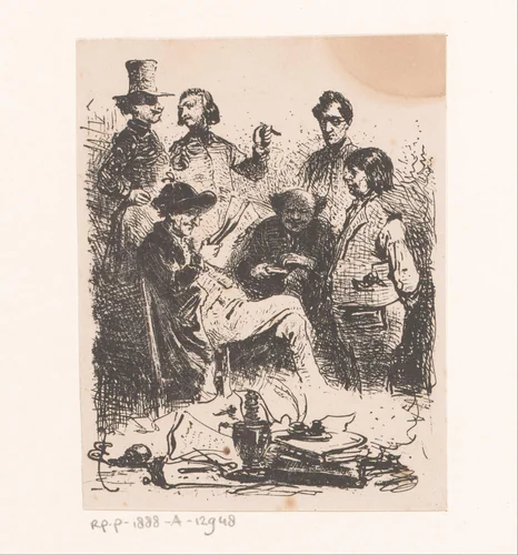 Gezelschap van zes mannen by Eugène François de Block, print, 1843