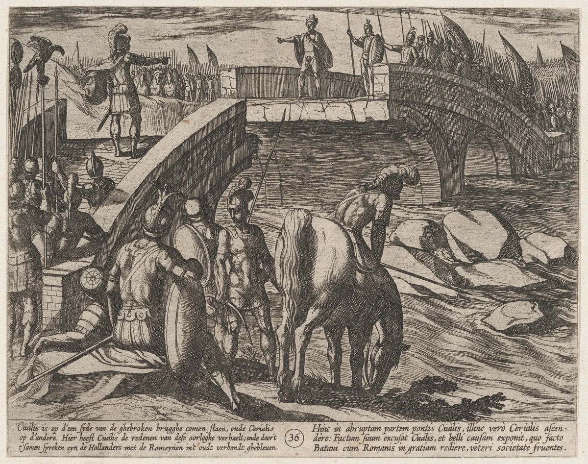 Plate 36: Civilis and Cerialis Meet on a Broken Bridge to Reach an Accord, from The War of the Romans Against the Batavians (Romanorvm et Batavorvm societas) by Antonio Tempesta, print, 1611-1612