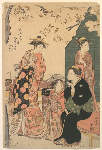 Portrait of the Courtesan Nioteru of the Ogiya, with Her Two Attendants Namiji and Aō-mi by Torii Kiyonaga (鳥居清長), print, 1775-1795