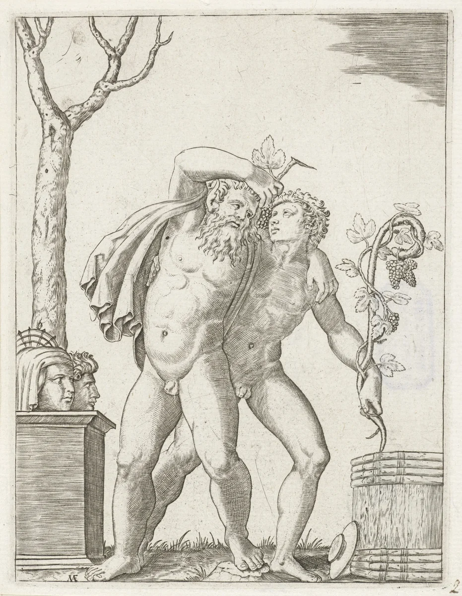 Silenus ondersteund door een jonge bacchant by Unknown, print, 1520-1525