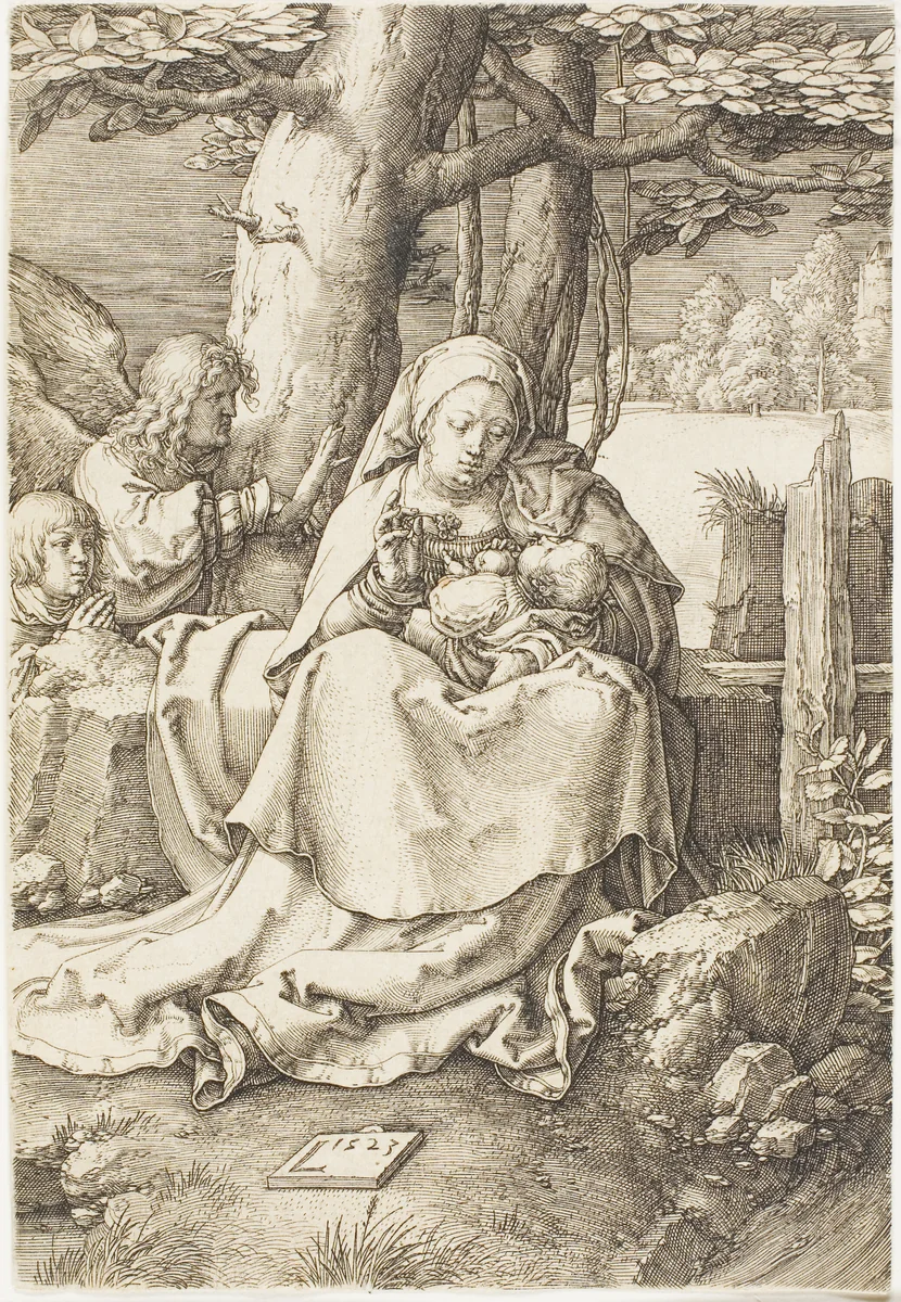 The Virgin and Child with Two Angels by Lucas van Leyden, print, 1523