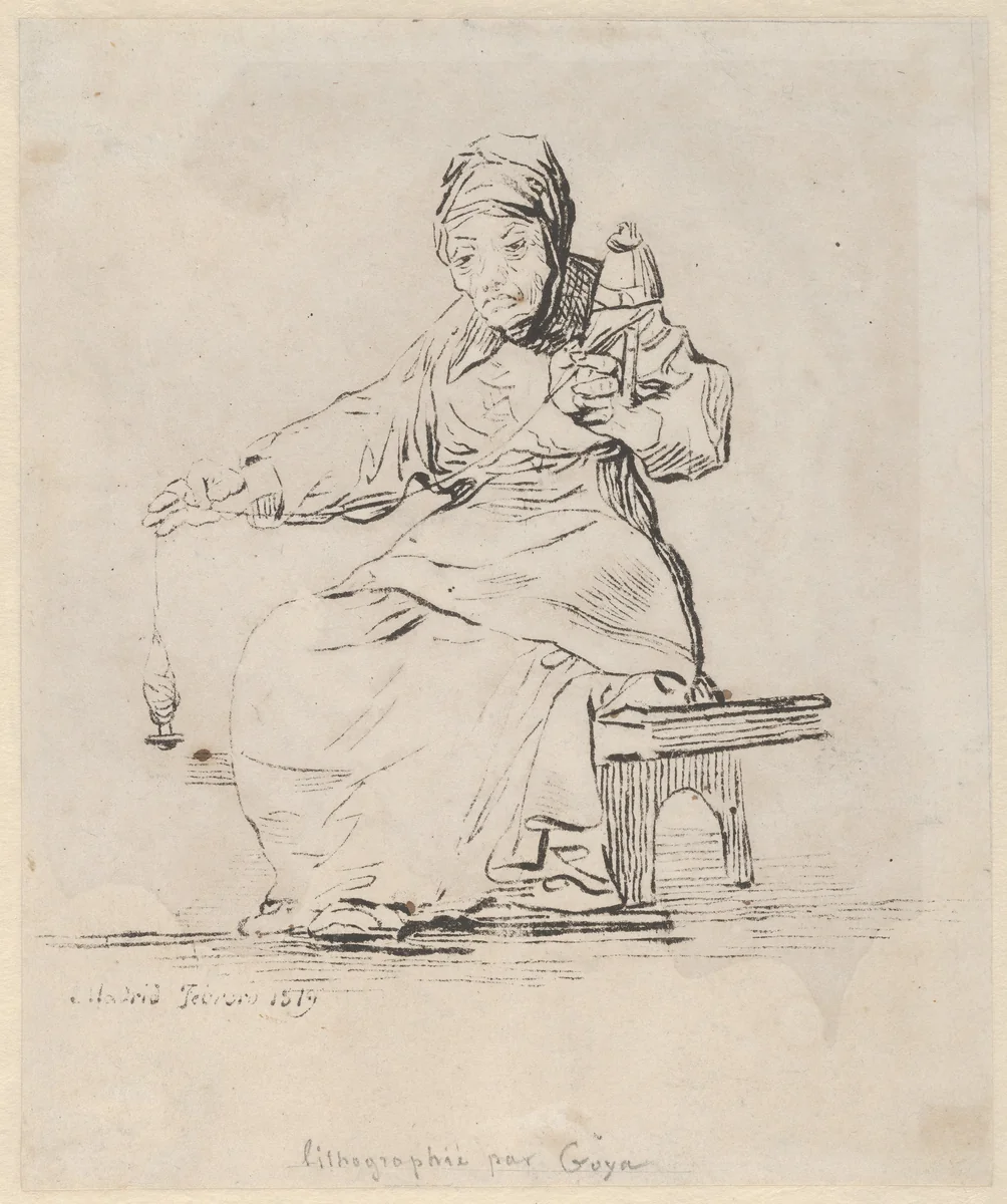 An old woman spinning, spindle in her right hand, distaff in her left by Goya, print, 1819