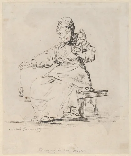 An old woman spinning, spindle in her right hand, distaff in her left by Goya, print, 1819