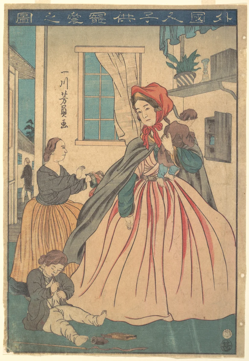 A Foreigner Enjoying Her Children by Utagawa Yoshikazu, print, 1860
