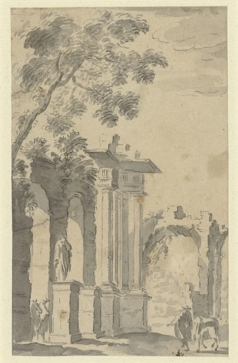 Ruïnes en een beeld by anonymous, drawing, 1700-1800