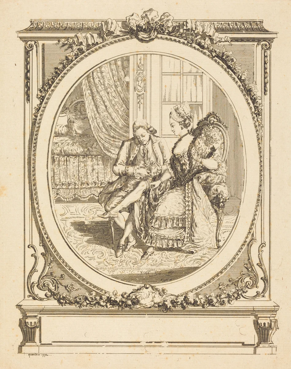 La jarretière by François Marie Isidore Queverdo, print, 1776