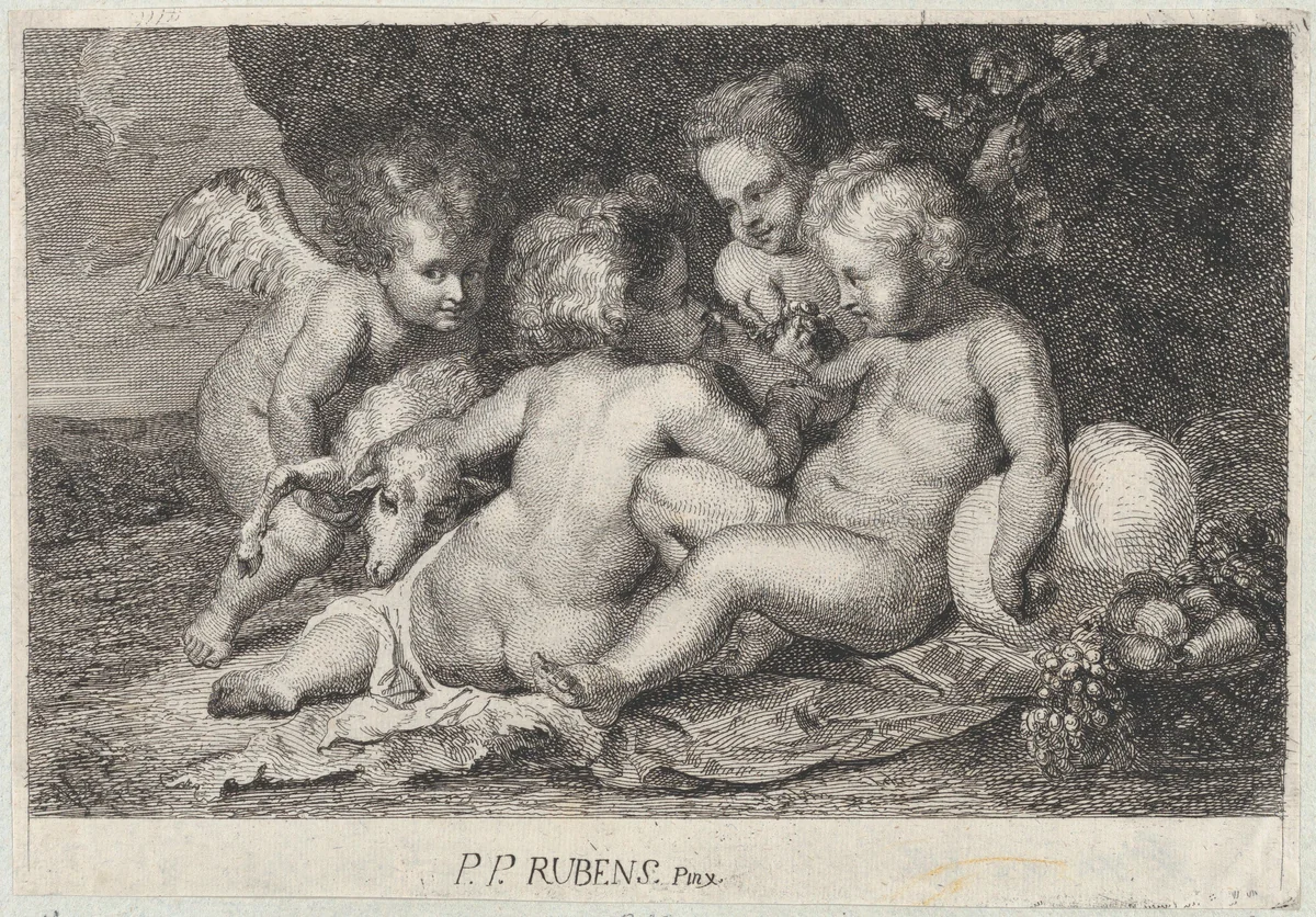 A group of three children and a putto with fruit and a lamb by Philip Spruyt, print, 1755-1801