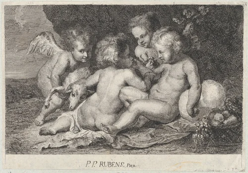 A group of three children and a putto with fruit and a lamb by Philip Spruyt, print, 1755-1801
