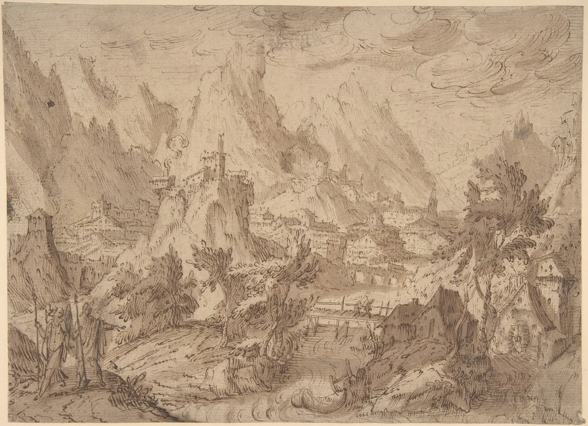 Mountainous Landscape with Tobias and the Angel by Tobias Verhaecht, drawing, 1575-1631