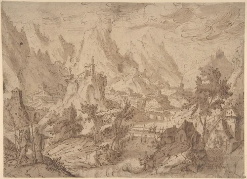 Mountainous Landscape with Tobias and the Angel by Tobias Verhaecht, drawing, 1575-1631