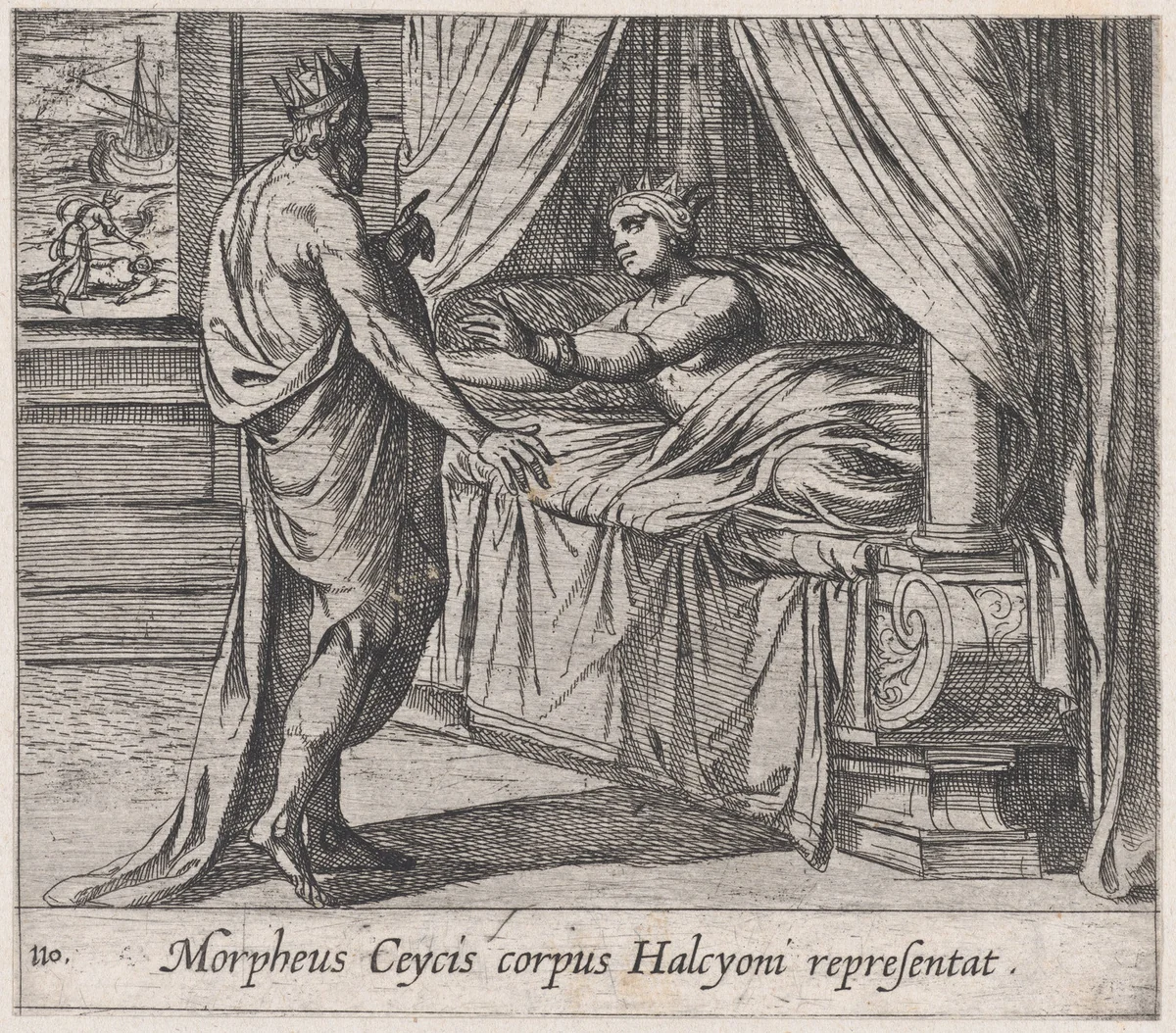 Plate 110: Morpheus, as Ceyx, Appearing to Alcyone (Morpheus Ceycis corpus Halcyoni representat), from Ovid's 'Metamorphoses' by Antonio Tempesta, print, 1606
