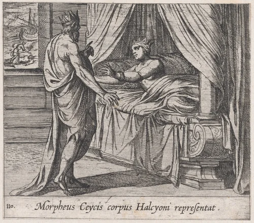 Plate 110: Morpheus, as Ceyx, Appearing to Alcyone (Morpheus Ceycis corpus Halcyoni representat), from Ovid's 'Metamorphoses' by Antonio Tempesta, print, 1606