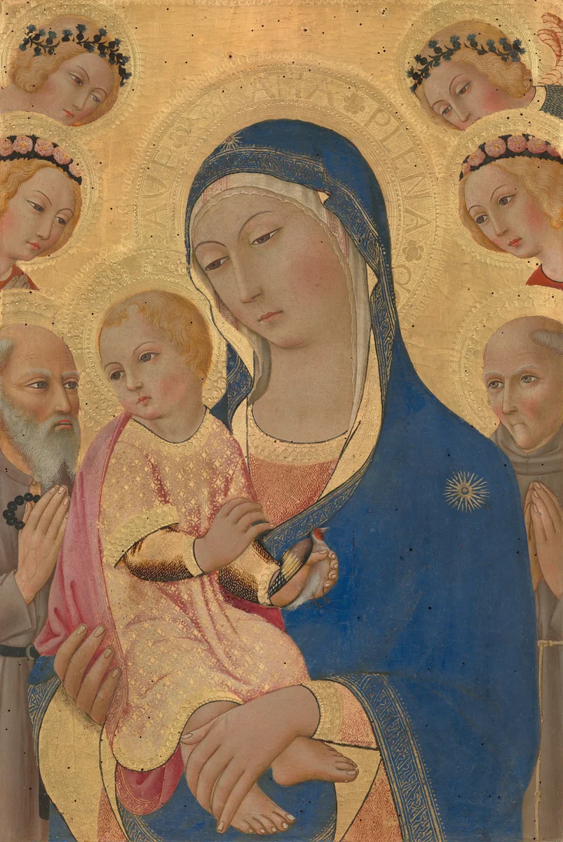 Madonna and Child with Saint Jerome, Saint Bernardino, and Angels by Sano di Pietro, painting, 1460-1470