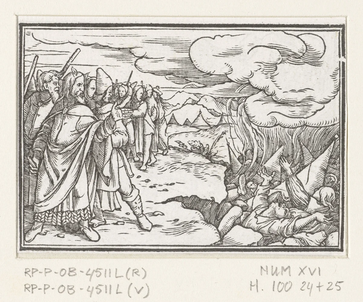 Vernietiging van de stam van Korach by Hans Holbein, print, 1538