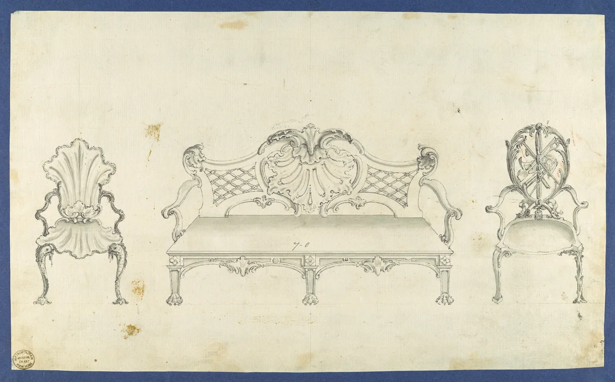 Two Garden Chairs and Long Seat, in Chippendale Drawings, Vol. I by Thomas Chippendale, drawing, 1761
