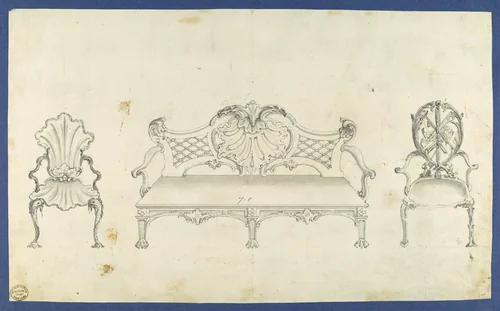 Two Garden Chairs and Long Seat, in Chippendale Drawings, Vol. I by Thomas Chippendale, drawing, 1761