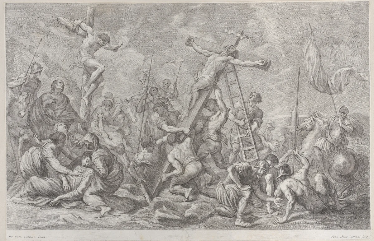 The Crucifixion, with the lowering of the cross at center, soldiers throughout, and a thief on a cross at left by Giovanni Battista Cipriani, print, 1762