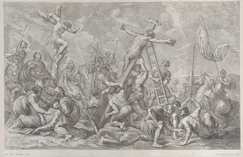 The Crucifixion, with the lowering of the cross at center, soldiers throughout, and a thief on a cross at left by Giovanni Battista Cipriani, print, 1762
