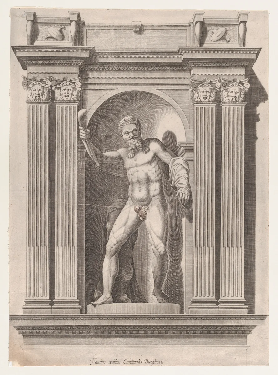 Sculpture of a faun standing in a niche after a statue in Scipione Borghese's villa, from "Speculum Romanae Magnificentiae" by anonymous, print, 1530-1580