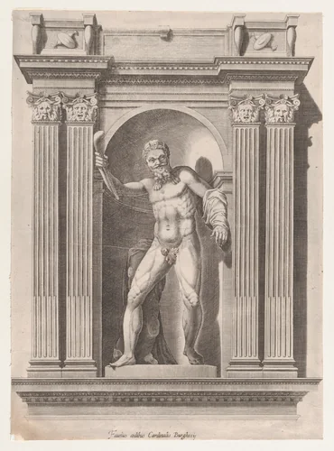 Sculpture of a faun standing in a niche after a statue in Scipione Borghese's villa, from "Speculum Romanae Magnificentiae" by anonymous, print, 1530-1580