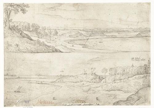 Brug over water met bomen aan weerszijden by Hans Bol, drawing, 1579