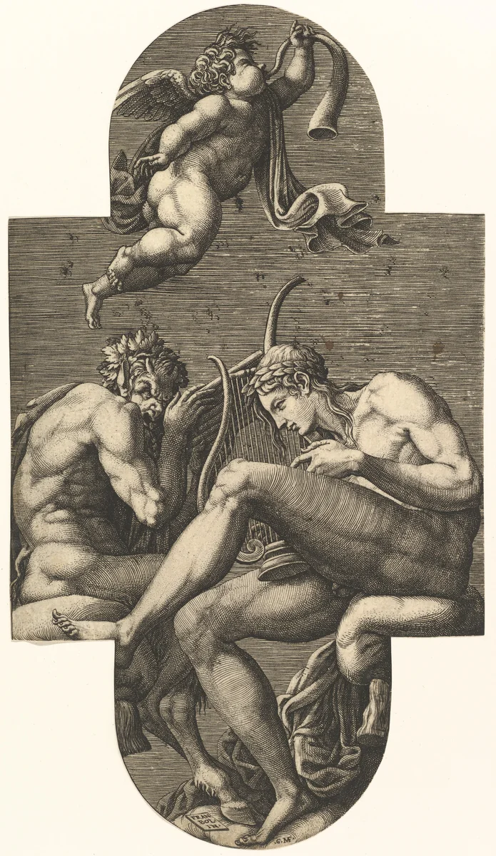 Apollo, Pan, and a putto blowing a horn, from a series of eight compositions after Francesco Primaticcio's designs for the ceiling of the Ulysses Gallery (destroyed 1738-39) at Fontainebleau by Giorgio Ghisi, print, 1560-1569