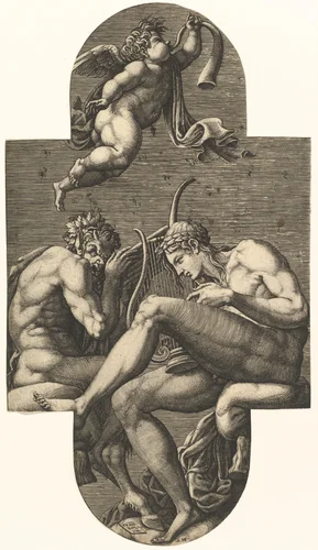 Apollo, Pan, and a putto blowing a horn, from a series of eight compositions after Francesco Primaticcio's designs for the ceiling of the Ulysses Gallery (destroyed 1738-39) at Fontainebleau by Giorgio Ghisi, print, 1560-1569