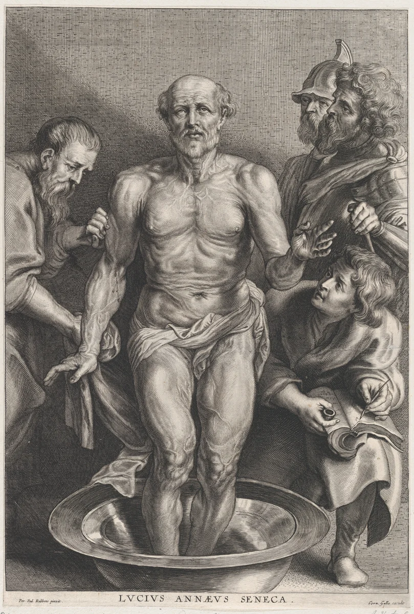 The Death of Seneca, standing at center with his feet in a basin of water, supported by a disciple at left while another takes down his last words at right by Alexander Voet, print, 1650-1683