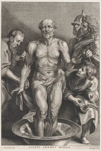 The Death of Seneca, standing at center with his feet in a basin of water, supported by a disciple at left while another takes down his last words at right by Alexander Voet, print, 1650-1683