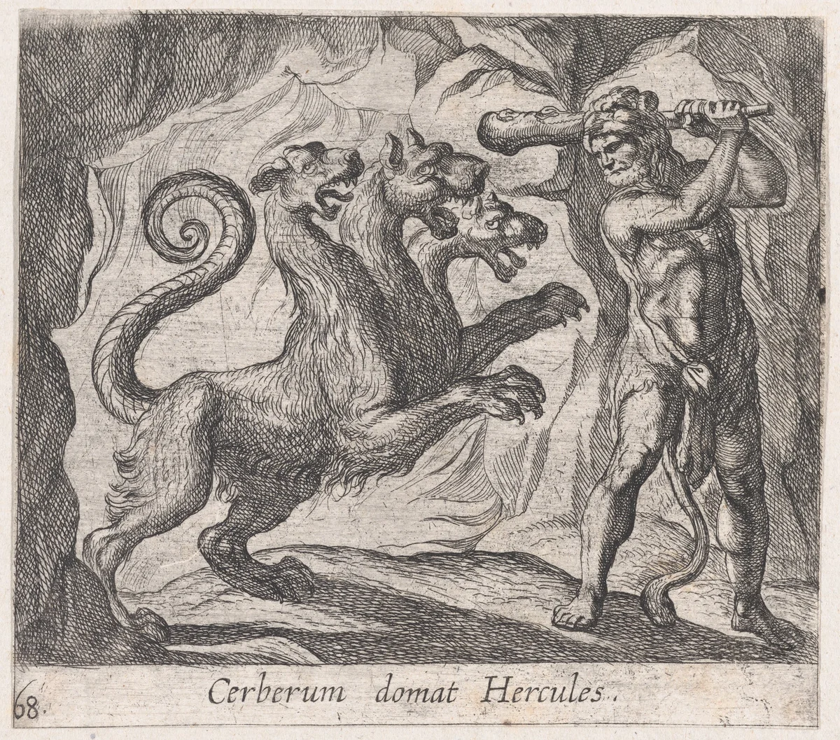 Plate 68: Hercules and Cerberus (Cerberum domat Hercules), from Ovid's 'Metamorphoses' by Antonio Tempesta, print, 1606
