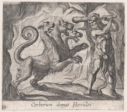 Plate 68: Hercules and Cerberus (Cerberum domat Hercules), from Ovid's 'Metamorphoses' by Antonio Tempesta, print, 1606