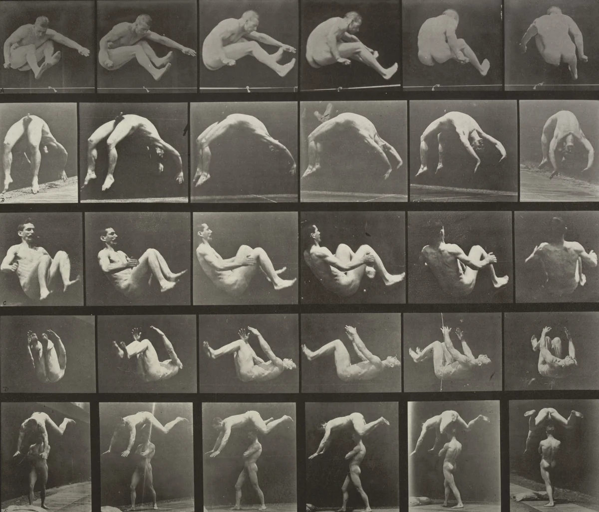 Jumping; Handspring; Somersault; Springing over a Man's Back: Plate 522 from Animal Locomotion (1887) by Eadweard Muybridge, photograph, 1884