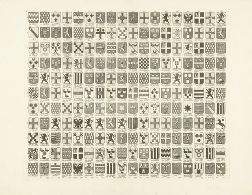 Wapenkaart met de wapens en namen van de heren veertigen van de stad Leiden by Abraham Delfos, print, 1758