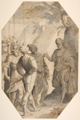 Saint John the Baptist (?) Preaching to a Group of Soldiers by Giovanni Battista Trotti, drawing, 1500-1600