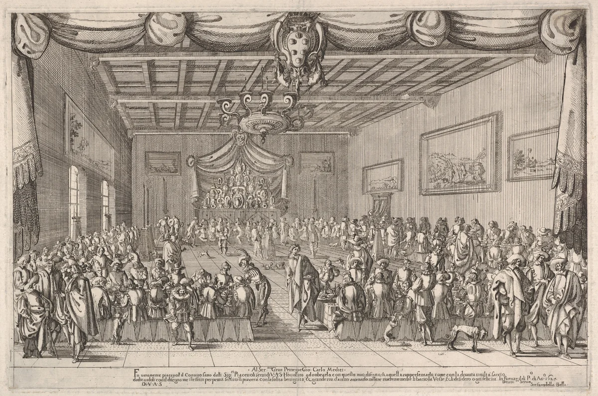 Banquet of the Piacevoli, Medici coat of arms at top center by Stefano della Bella, print, 1627