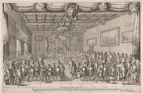 Banquet of the Piacevoli, Medici coat of arms at top center by Stefano della Bella, print, 1627