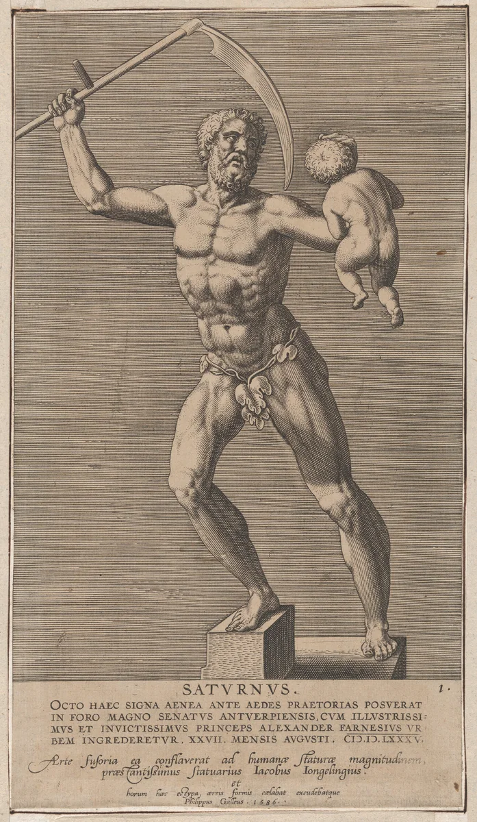 Saturn; statue of the nude god standing on a socle, holding a scythe in his right hand and a child in his left, plate 1 from "Statues of Roman Gods" by Philips Galle, print, 1586