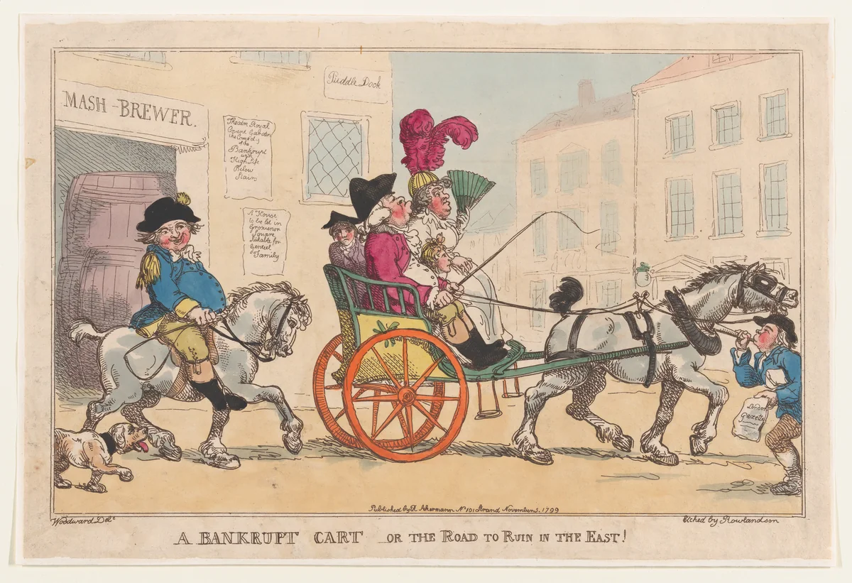 A Bankrupt Cart, or The Road to Ruin in the East! by Thomas Rowlandson, print, 1799