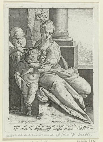 Heilige Familie voor een zuil by Unknown, print, 1585