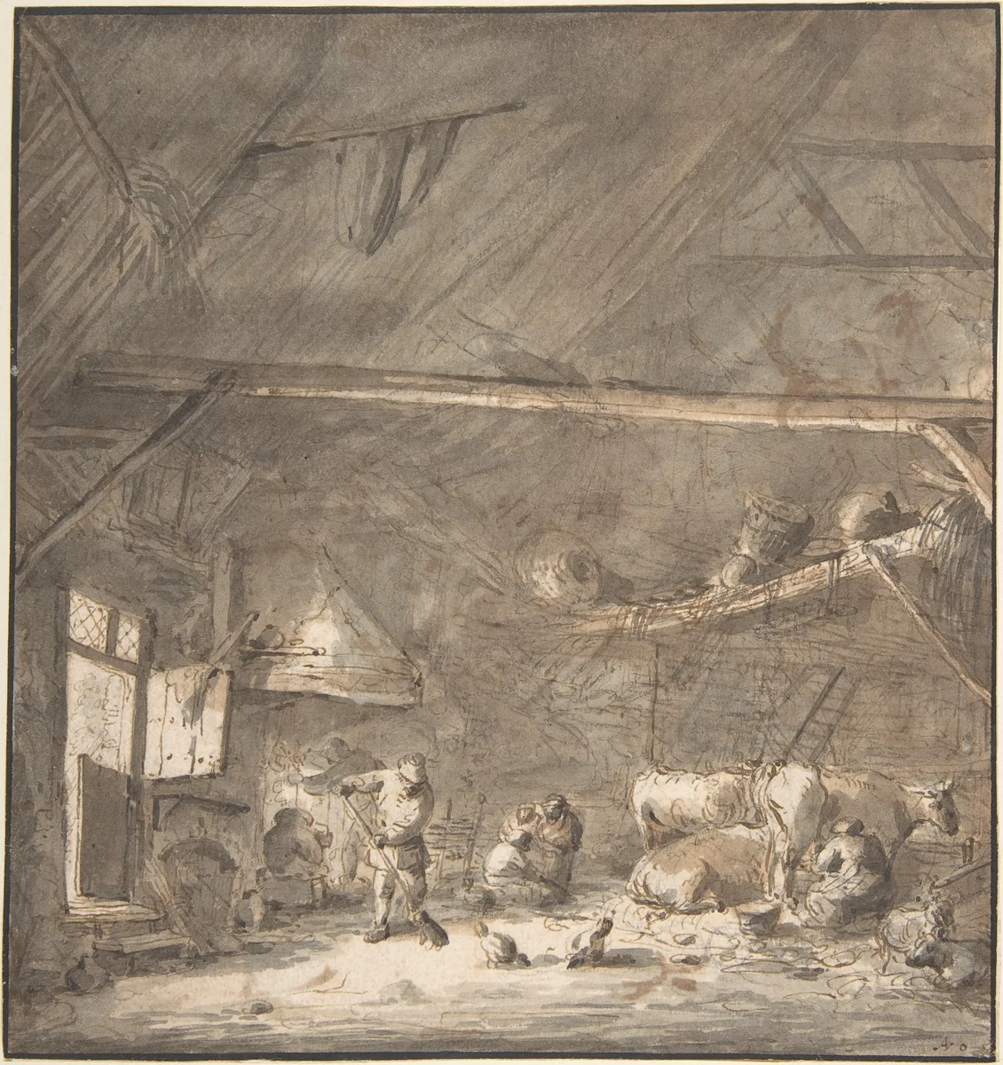 Barn Interior with Peasants and Cows (recto); Six Studies of Peasants (verso) by Isaac van Ostade, drawing, 1630-1649