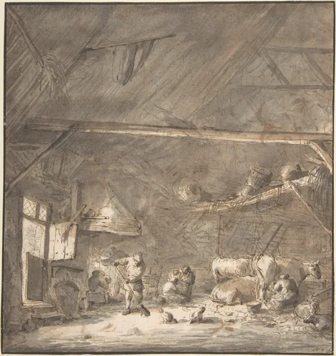 Barn Interior with Peasants and Cows (recto); Six Studies of Peasants (verso) by Isaac van Ostade, drawing, 1630-1649