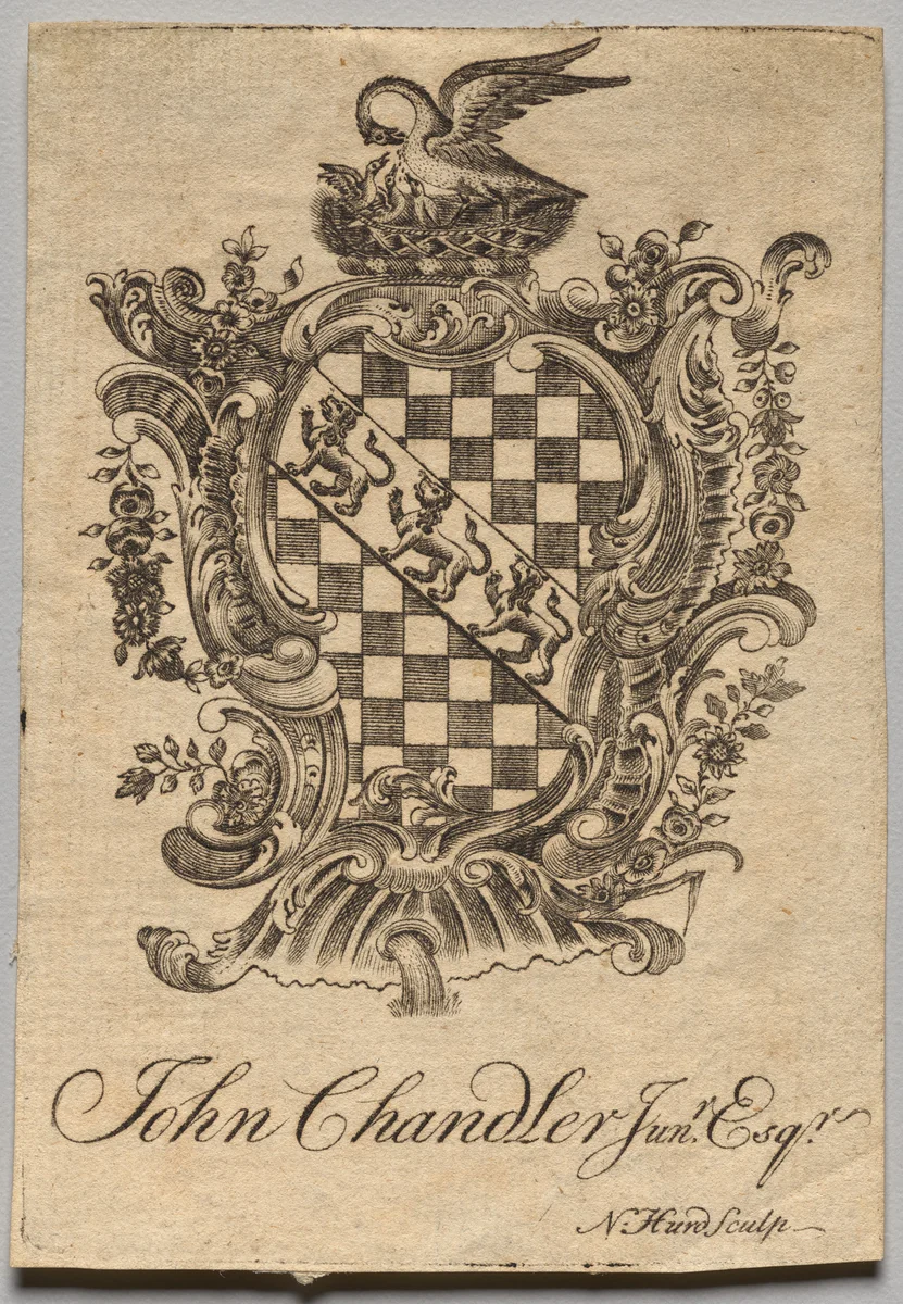 Bookplate: Coat of Arms with John Chandler Jun.r, Esq. inscribed by Nathaniel Hurd, print