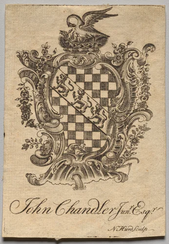 Bookplate: Coat of Arms with John Chandler Jun.r, Esq. inscribed by Nathaniel Hurd, print