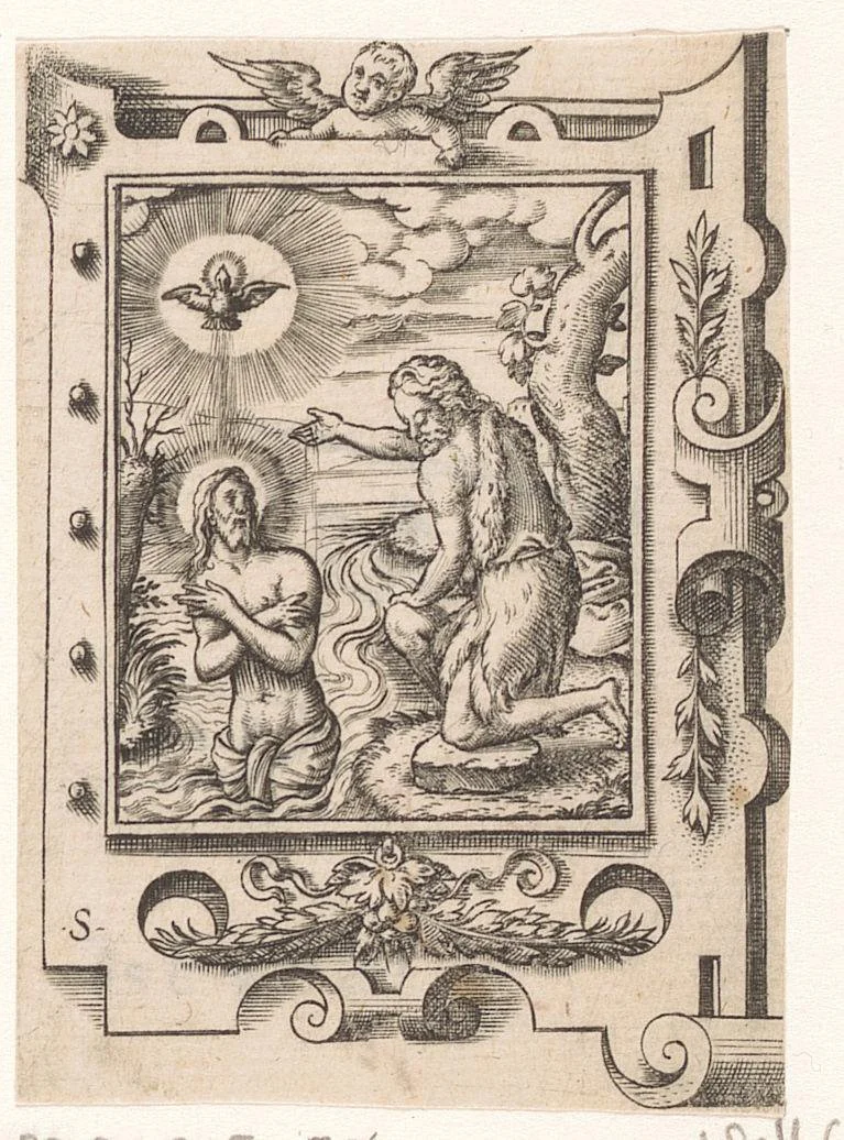 Doop van Christus in een rolwerk omlijsting by Unknown, print, 1568