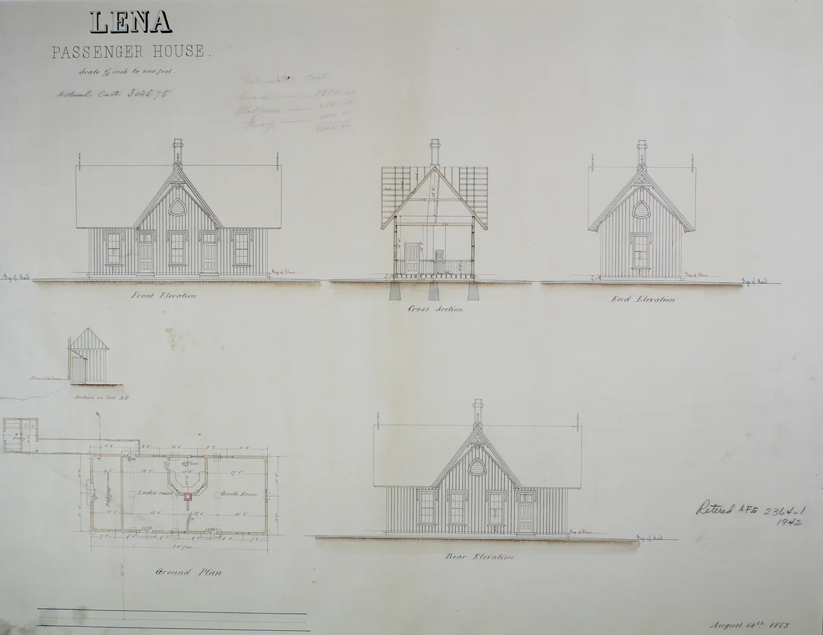Lena Passenger House, Lena, Illinois, Plan, Elevations, and Sections by James Nocquel, drawing, 1873