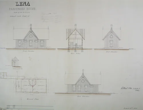 Lena Passenger House, Lena, Illinois, Plan, Elevations, and Sections by James Nocquel, drawing, 1873