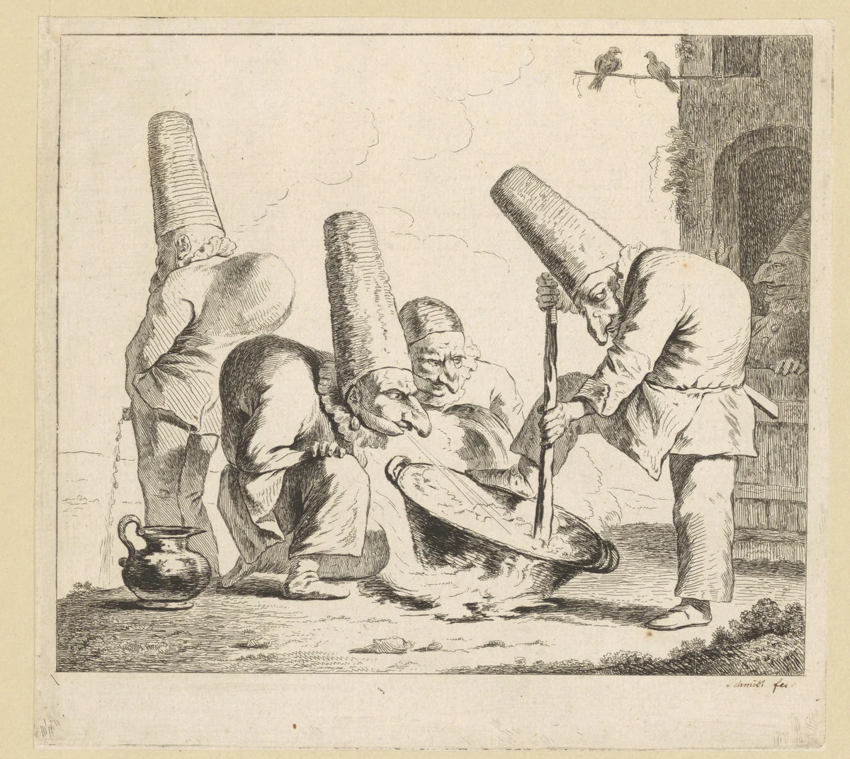 Vijf gebochelde potsenmakers by Georg Friedrich Schmidt, print, 1751