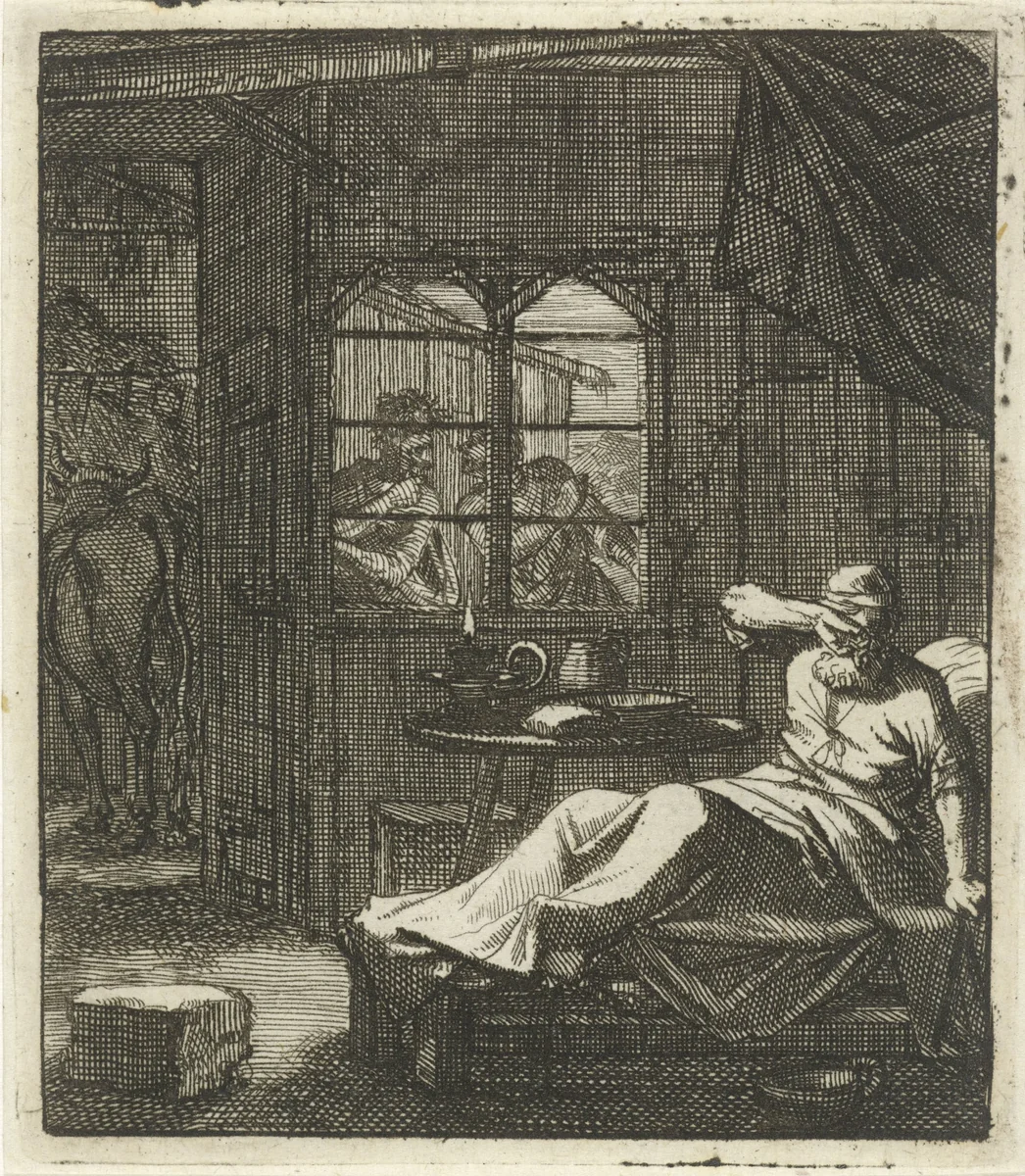 Man bespeurt door het venster twee dieven die zich gereedmaken een koe te stelen by Jan Luyken, print, 1693