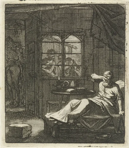 Man bespeurt door het venster twee dieven die zich gereedmaken een koe te stelen by Jan Luyken, print, 1693