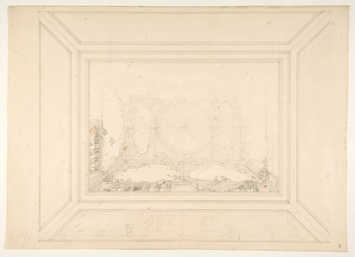 Design for a ceiling decorated with trellis work and a trompe l'oeil balustrade by Jules-Edmond-Charles Lachaise, drawing, 1850-1900